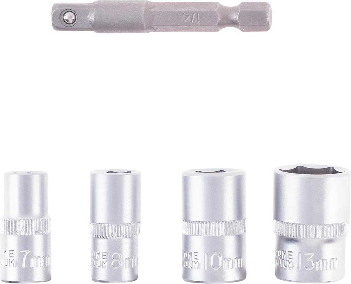 Originele Einhell dopsleutelset met adapter, 5-delig, 7-13 mm (zeskantdop, chroomvanadium, E 6.3 schacht)
