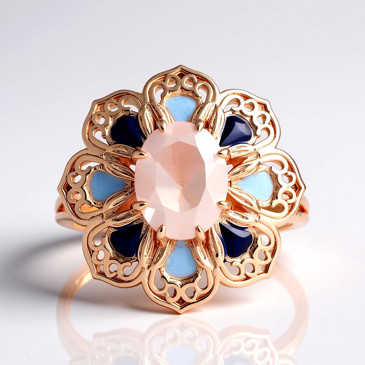 Cavill - Rozenkwarts Ring 1,587 ct - 925 Sterling Zilver Roségoudverguld - Elegante Bloemvormige Damesring met Hemelsblauwe Accenten