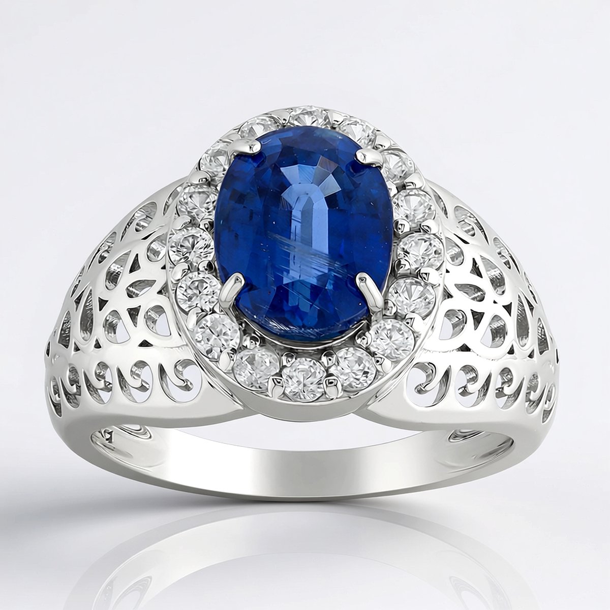 Cavill - Zilveren ring 925 Sterling met Ovale Nepal Kyaniet 2,401 ct en Cambodjaanse Zirkonen 0,593 ct - Elegant Ontwerp - Luxe Sieraad