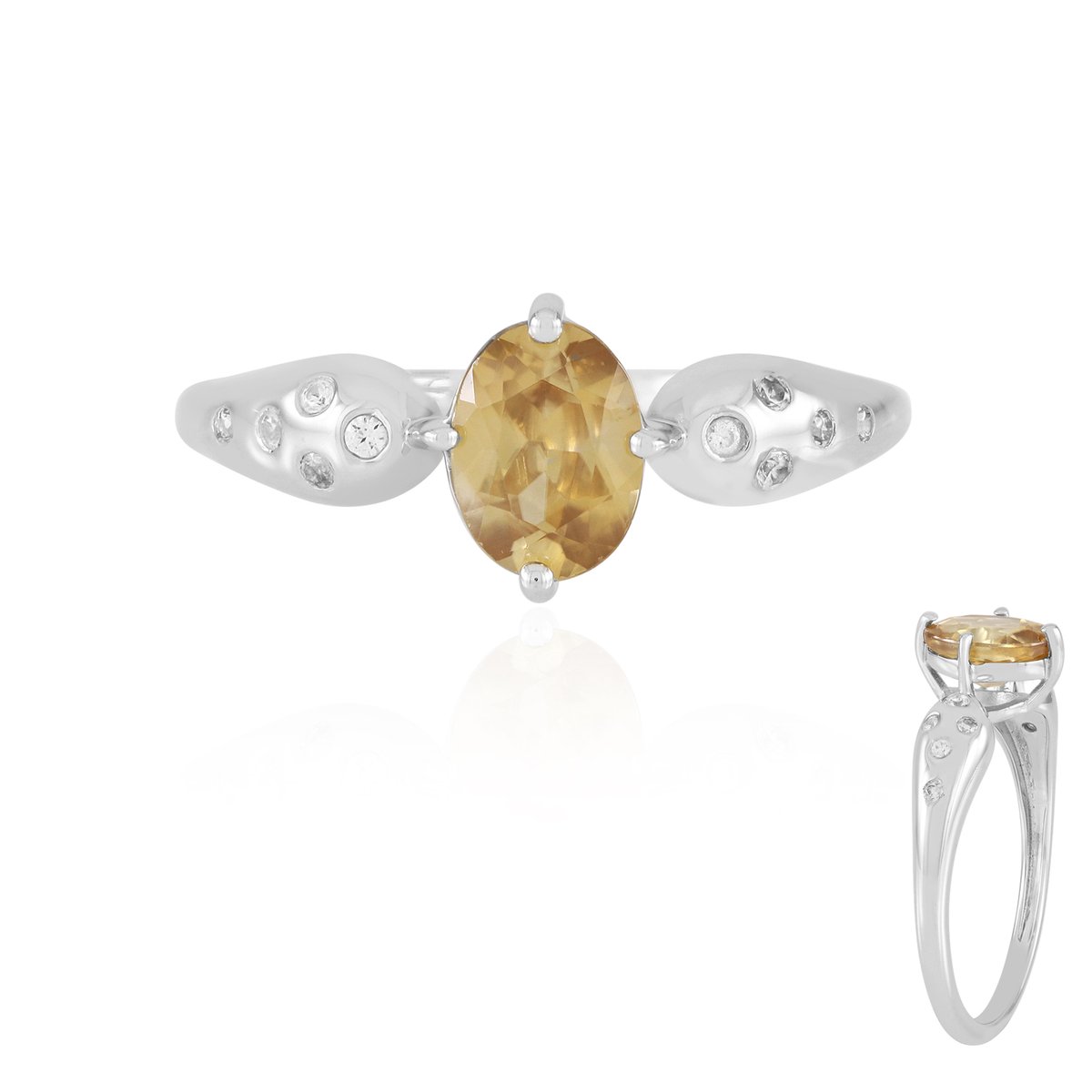Cavill - Luxe Damesring 925 Sterling Zilver met Platina Coating - Mandarijn Zirkoon 1,262 ct en 10 Briljant Zirkonia's - Ovaal Briljant