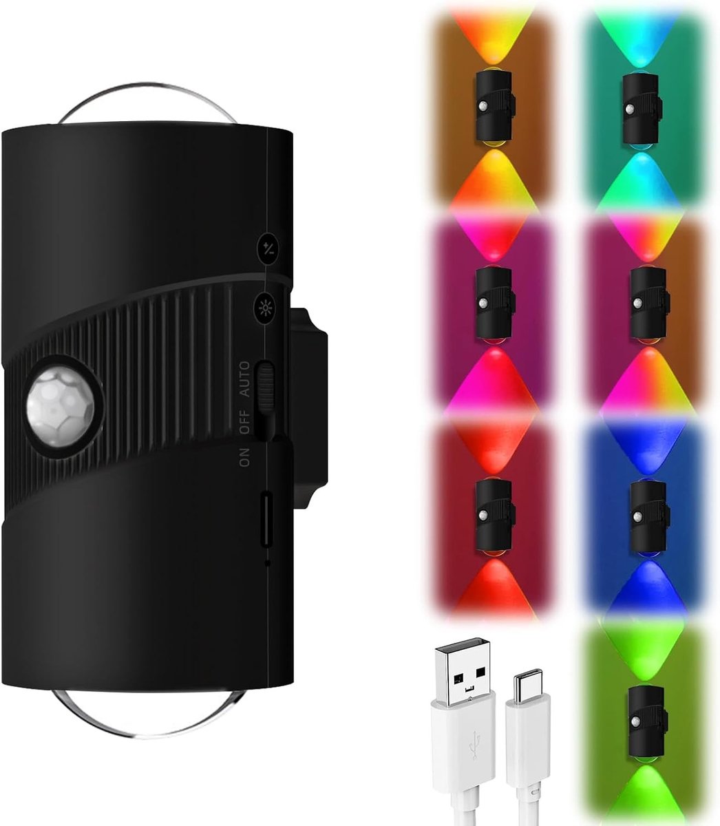 Dimbare LED Wandlamp met Bewegingssensor, RGB Kleuren, Oplaadbaar en Automatische Aan/Uit Functie voor Binnen en Buiten Gebruik