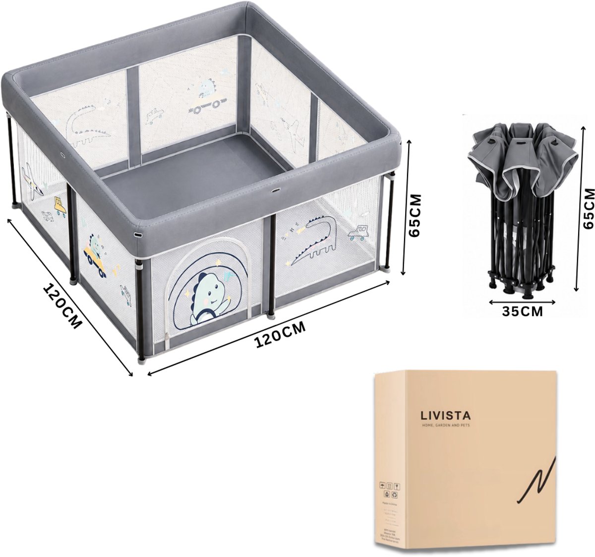 Livista Baby Grondbox – Opvouwbaar Babybox – 120x120x65 cm – Speelbox – Inclusief Speelmat, 60 Ballen en 4 Trekringen – Opbergtas – Ademend & Transparant Gaas – Compact Inklapbaar – Grijs – foto 6