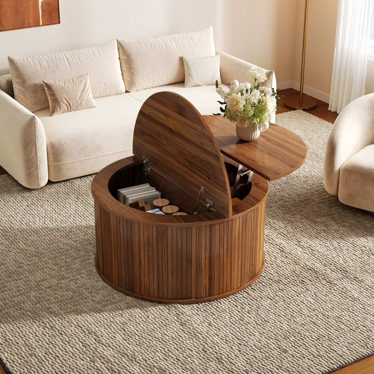 CreateEcom Salontafel - Bijzettafel - Woonkamer tafel - Ronde, in hoogte verstelbare salontafel - MDF woonkamertafel met opbergruimte - moderne multifunctionele salontafel voor dagelijks gebruik in de woonkamer - bruin
