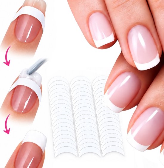Tip guides op nagels, met pijlen die de stappen aangeven. Ook afgebeeld: nagels met French manicure en stapels tip guides.
