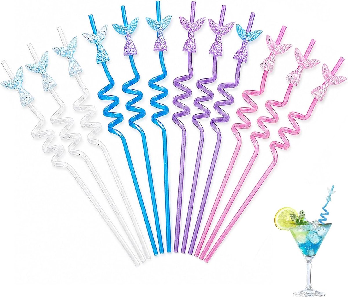 12 Herbruikbare Hardplastic Drinkrietjes Zeemeermin Feest - ShopVlot