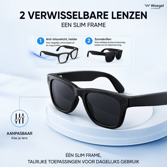 Woegel AI Smart Glasses met Camera – Smart Bril 8MP – AI Slimme Zonnebril – Spycam – AI-assistent met ChatGPT & Vertaling – Inc. Oplaadhoes – 2 sets glazen – Bluetooth, WiFi & App – Zwart — afbeelding 3
