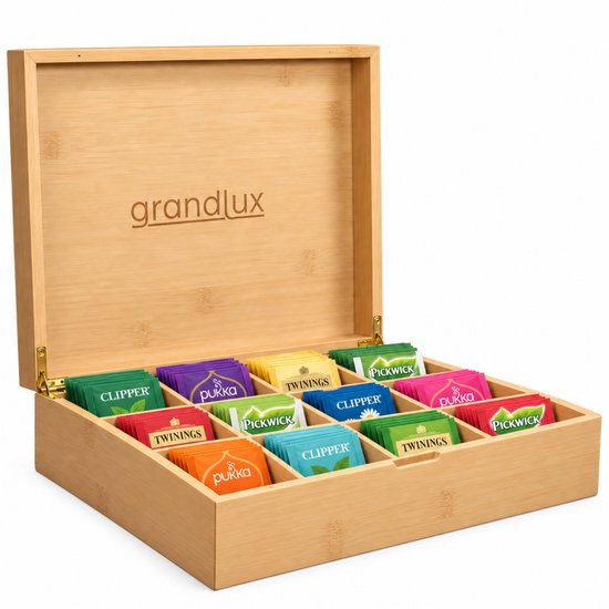 Grandlux Theedoos 12 Vaks voor 164 Zakjes - Ruime Vakken voor Clipper, Pukka, Twinings & Losse Thee - Bamboe
