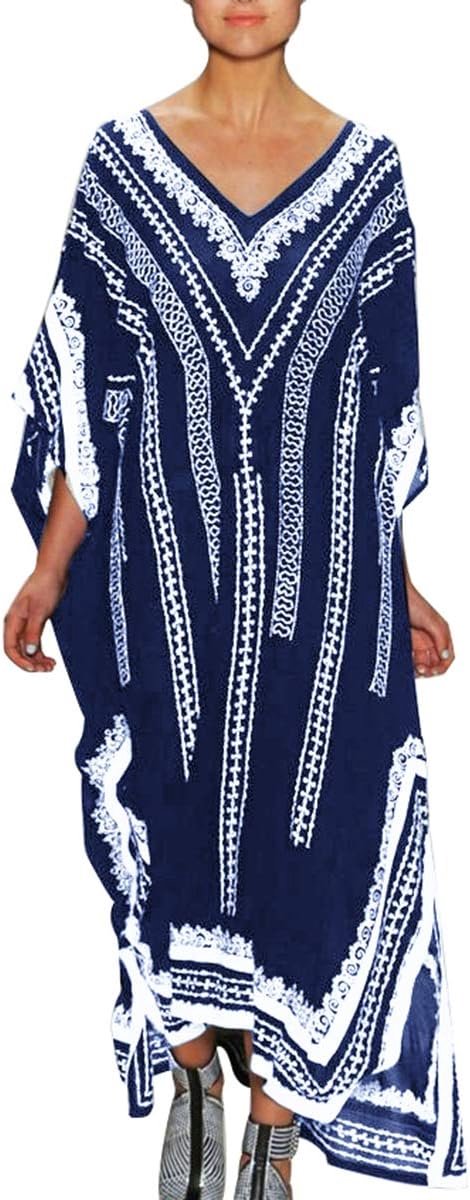 Kaftan voor dames, maxi-loungewear, oversized nachthemd, homewear, bedekkende strandjurk, Donkerblauw, Eén maat