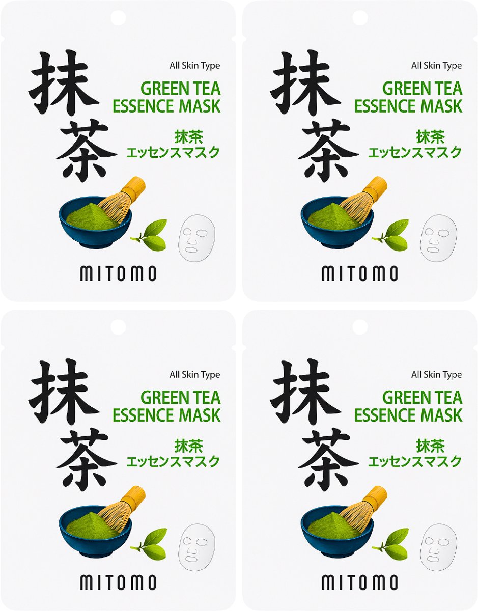 Mitomo Green Tea Matcha Gezichtsmasker - Face Mask Japans Verrijkt met o.a. Hyaluronzuur Camellia Sinensis Olie Aloe Vera Castor Olie - Gezichtsmaskers Verzorging - Mask - JBeauty Rituals - 4 st