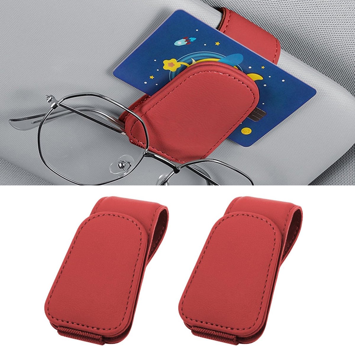 Brillenhouder voor autozonneklep - Magnetische zonnebrilhouder auto - Opbergclip voor bril - Kaartvak voor kleine spullen - Slijtvast duurzaam PU-leer - Stevige zonneklep bevestiging - Rood - 8,7 x 4,7 cm