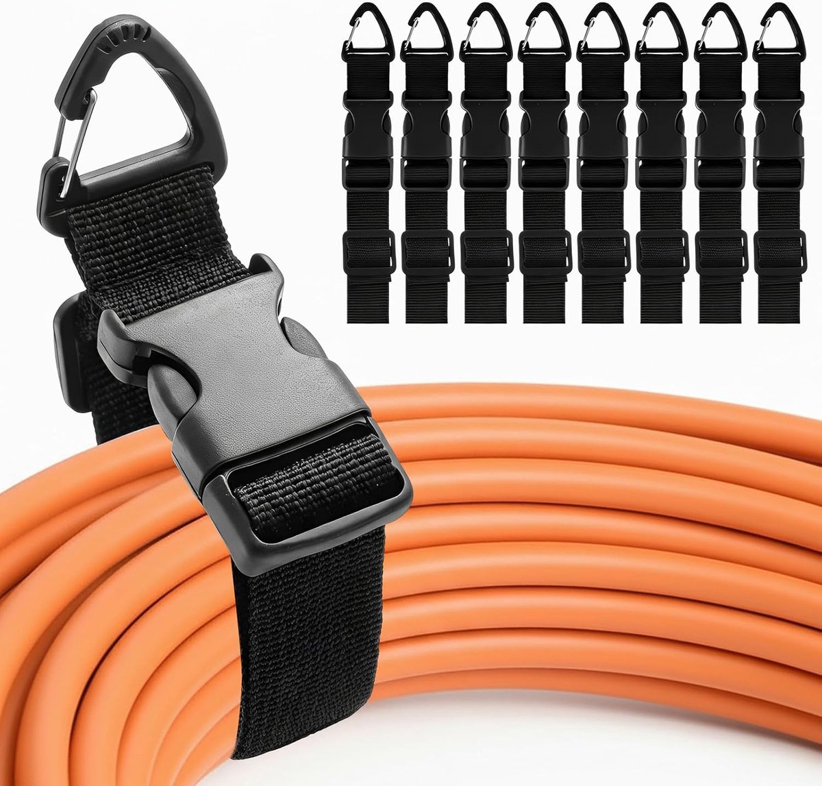 Kabel organizer - Kabelhouder met gesp - Verlengkabel ophangriem - Slanghouder garage - Verstelbare nylon riem - Voor werkplaats en opslag - Tot 22 kg - Binnen en buiten - Zwart - Set van 8 stuks