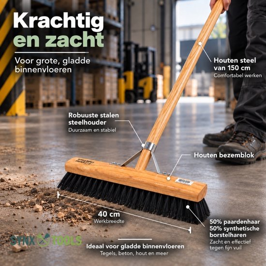 Synx Tools Paardenhaar 40 Zaalveger/Kamerveger - Zachte bezem - Bezemsteel - Veger schoonmaken - Bezems Binnen/zacht met Steel 160 cm van Synx Tools — afbeelding 2
