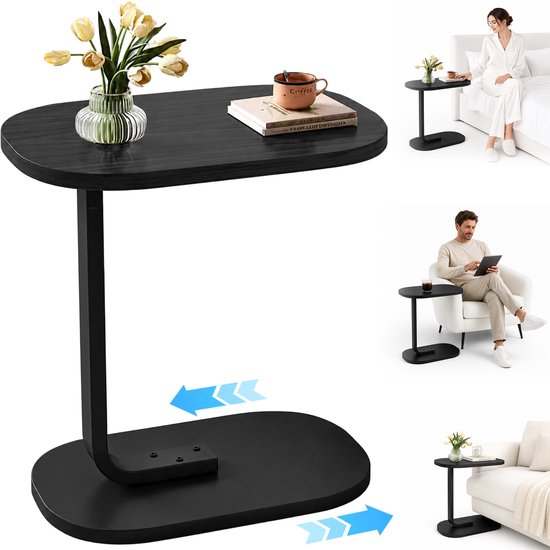 Collage d'une table d'appoint ovale noire avec des fleurs et un livre. Montre la table à côté d'un lit, d'un fauteuil et d'un canapé.