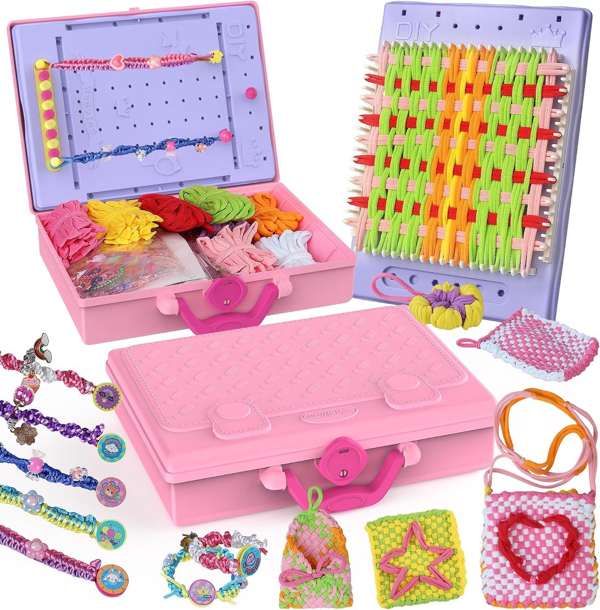 Knutselset armbanden maken - Weefraam kinderen compleet - Vriendschapsarmband DIY project - Draagbare opbergkoffer stevig - Meer dan 200 lusjes - Inclusief kralen accessoires - Roze - 400-delige set