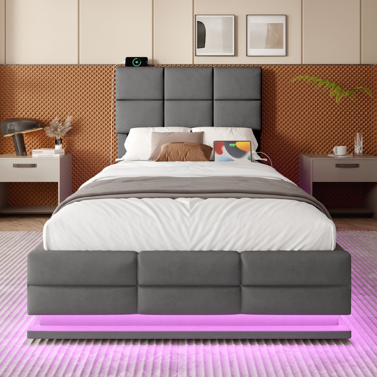 AURA LUMEN Gestoffeerd bed Eenpersoonsbed 90 x 200 cm met hydraulisch lift-systeem-bed met opbergruimte-bed met LED en USB-donkergrijs