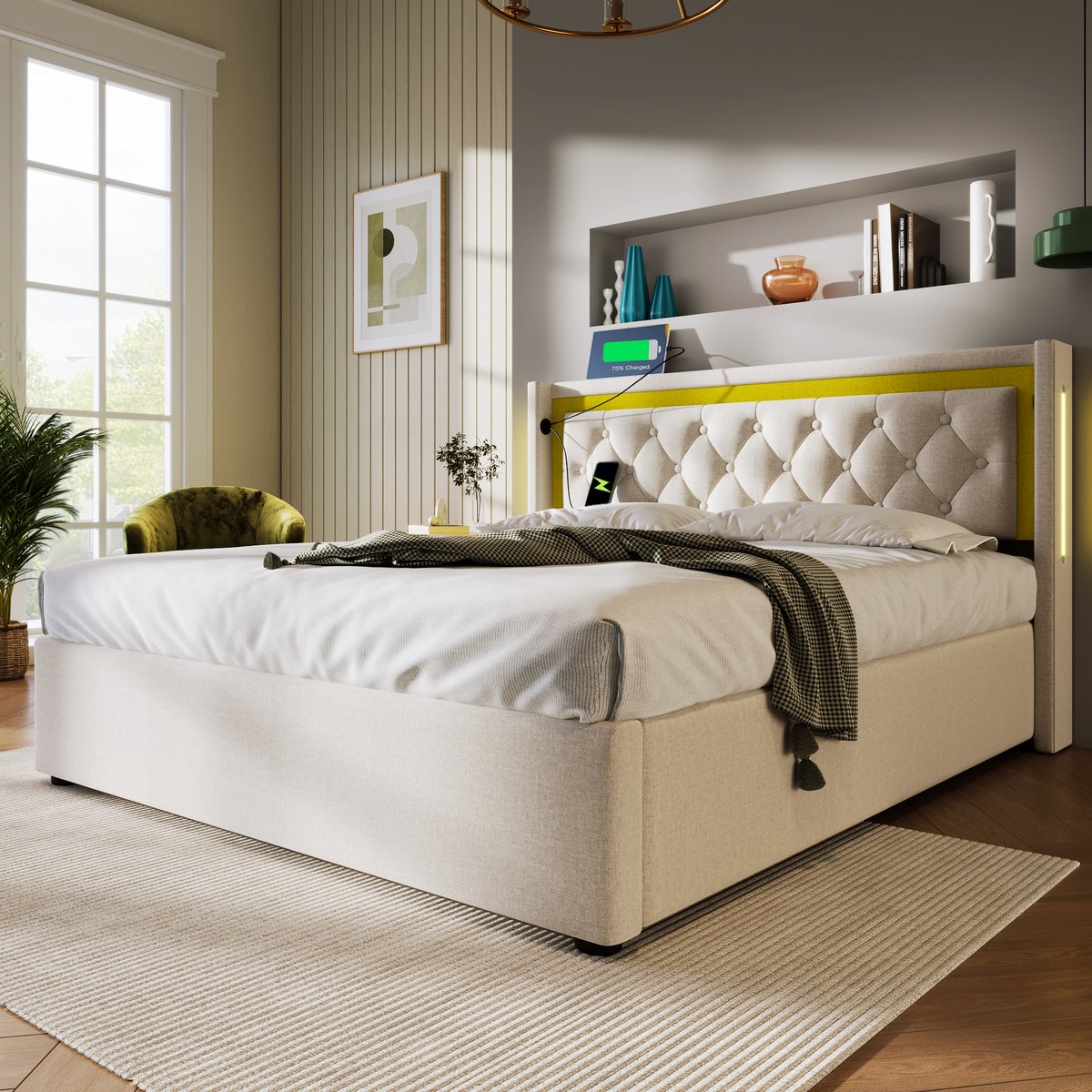 AURA LUMEN Gestoffeerd bed Twijfelaarbed 140 x 200 cm met opbergruimte hydraulisch bed met LED en USB Type-C kopbord beige-Zonder matras