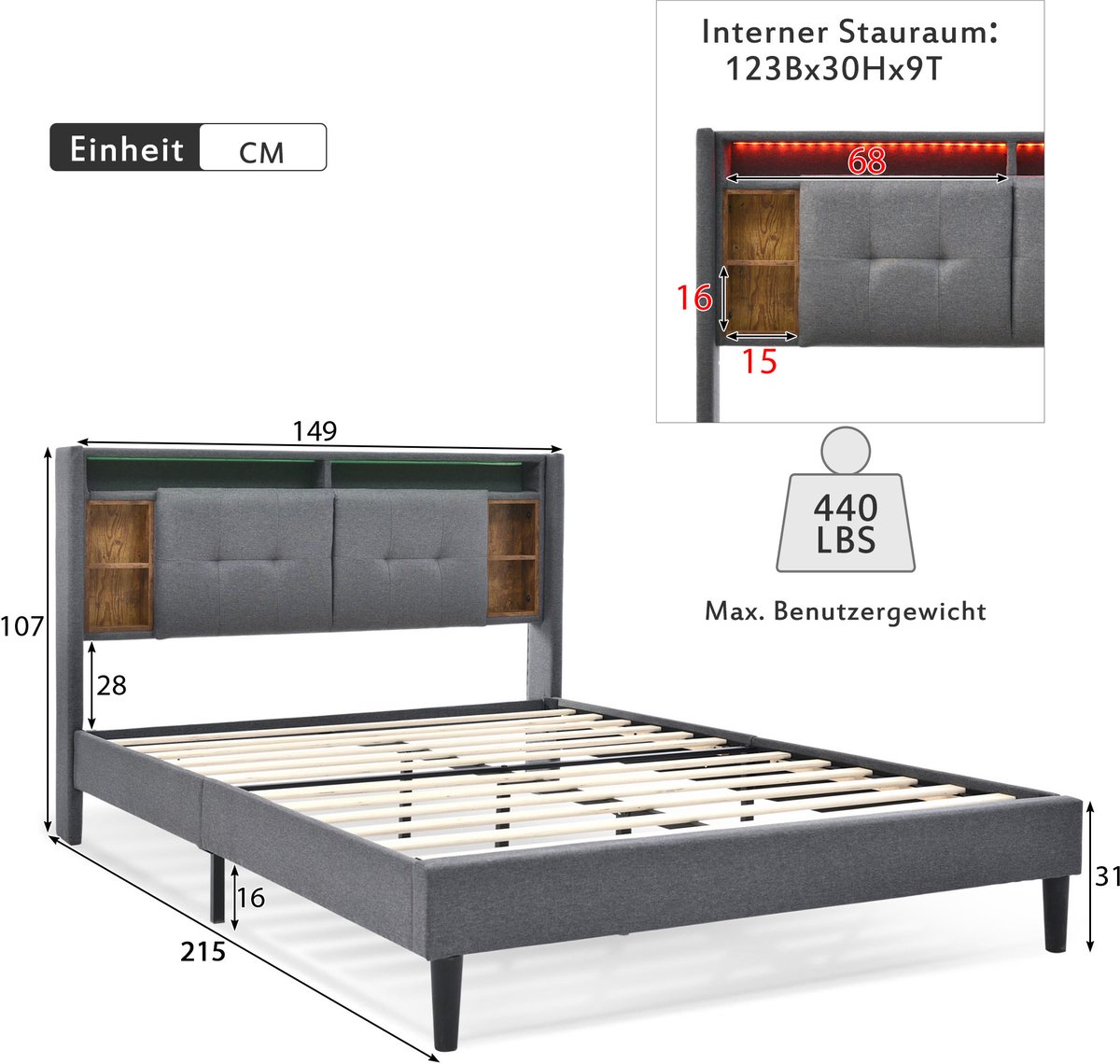 AURA LUMEN Gestoffeerd bed Twijfelaarbed 140x200 cm met opbergruimte kopdeel LED-verlichting USB-oplaadpoorten grijze stof Grijs