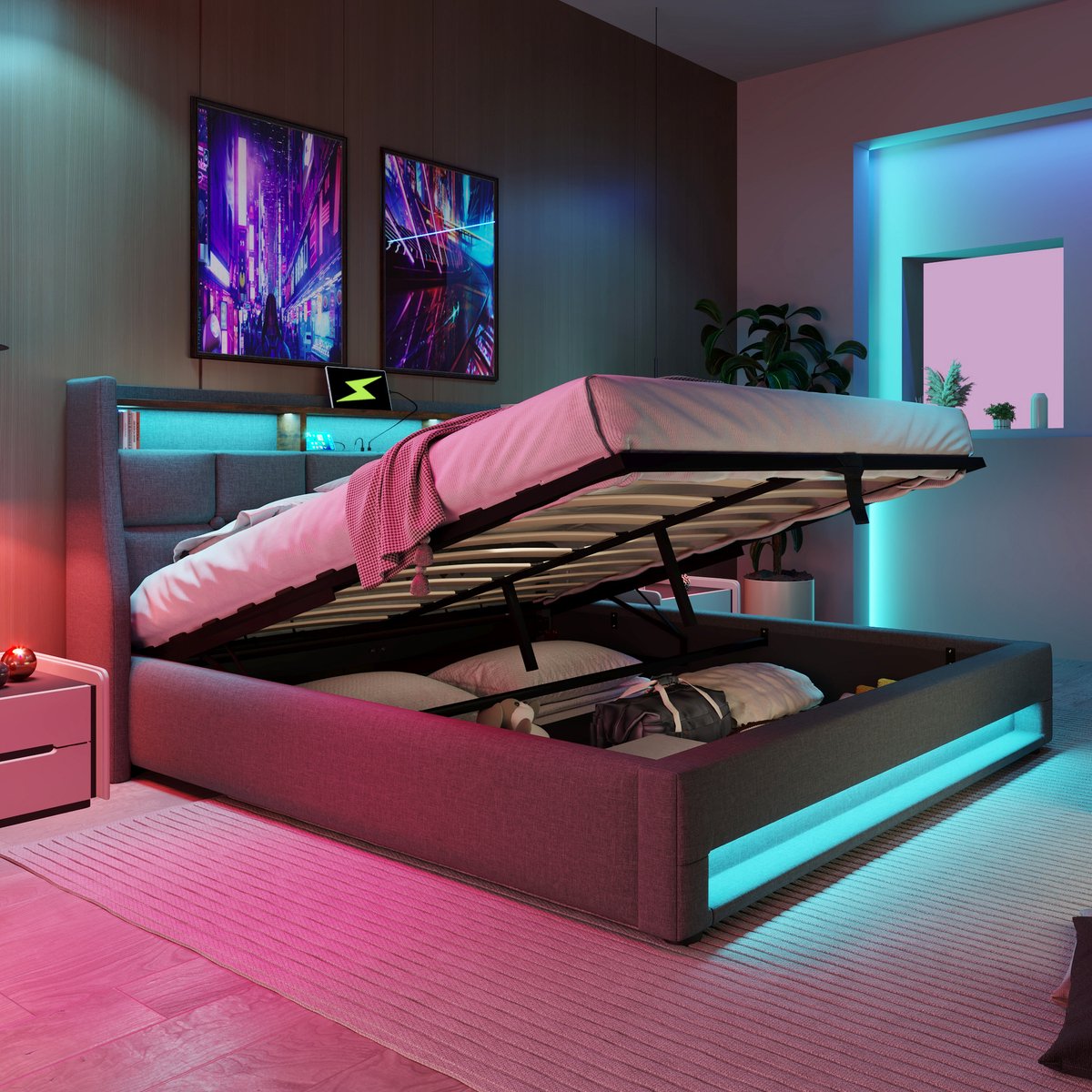 AURA LUMEN Gestoffeerd bed-Twijnfelaarbed-140x200 cm-LED-verlichting-USB-aansluiting-Grijs
