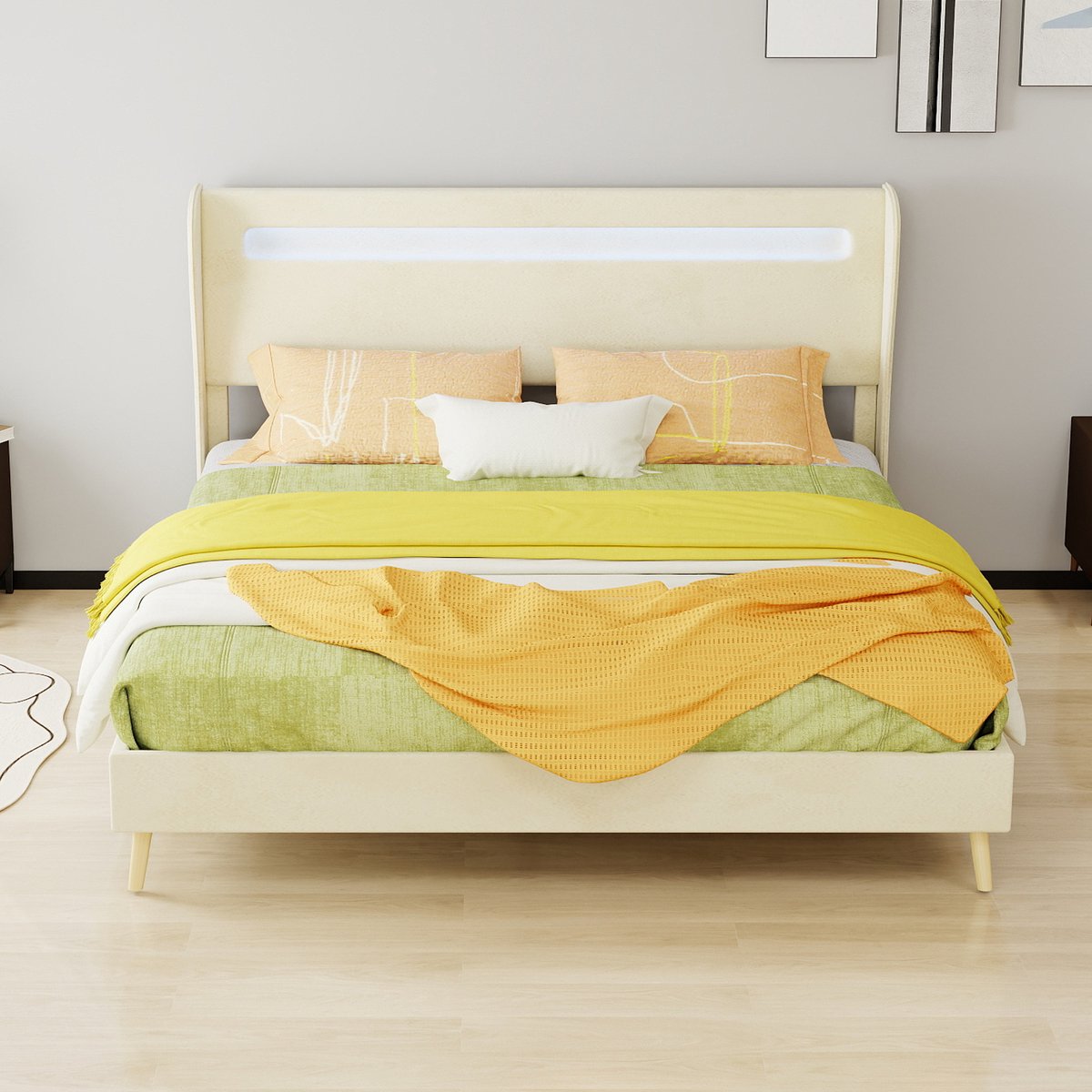 AURA LUMEN-Gestoffeerd bed-Tweepersoonsbed-160 x 200 cm-LED-verlicht hoofdbord-zacht gestoffeerd-beige