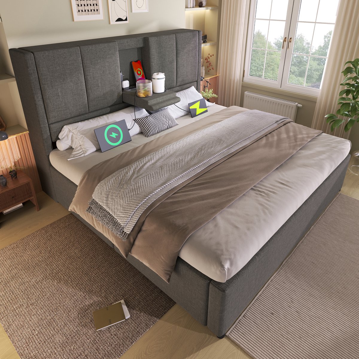 AURA LUMEN Gestoffeerd bed Twijfelaarbed 140x200 cm met opbergruimte hydraulisch bed met LED en USB ladestation hoofdbord grijs