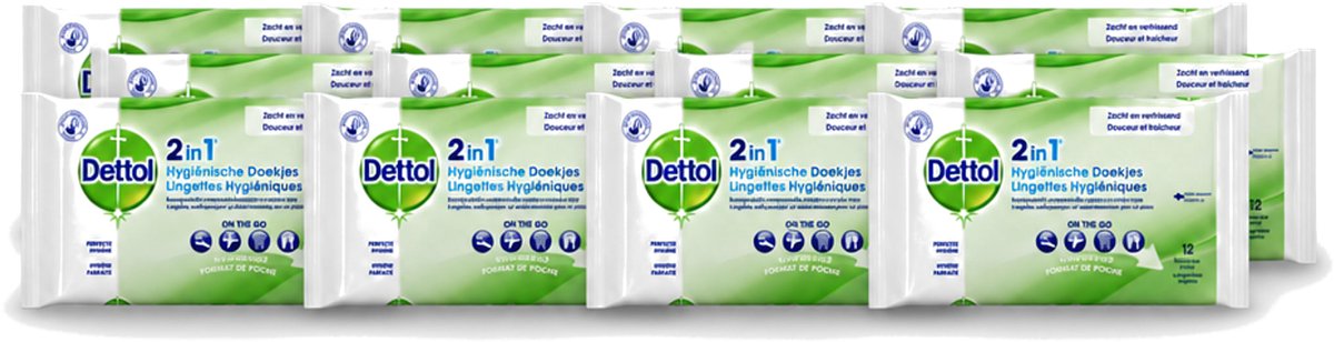 12 x Dettol - Reinigingsdoekjes - 2-in-1 Reiniging & Desinfectie - On the Go - 12 Doekjes - Voordeelverpakking - 12 stuks