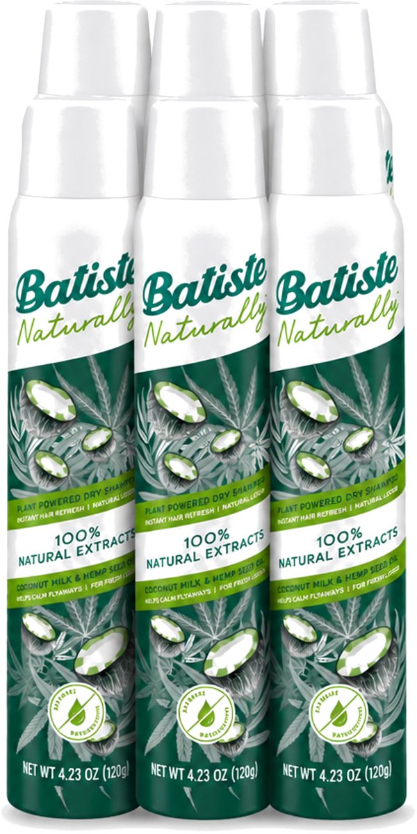 6 x Batiste - Naturally Coconut Milk & Hemp Seed Oil - Droogshampoo - Anti-Pluis en Verfrist - 100% Natuurlijk - 200ml - Voordeelverpakking - 6 stuks