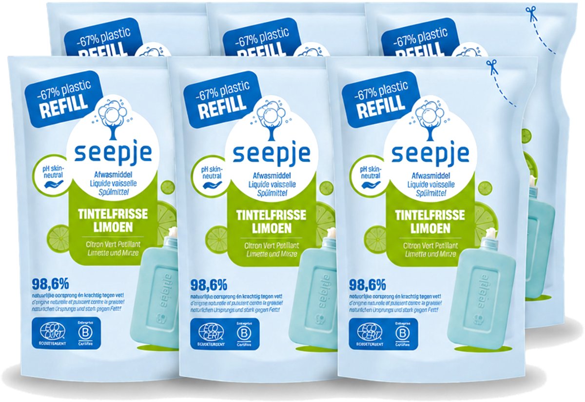 6 x Seepje - Afwasmiddel - Duurzaam & Herbruikbaar - Re-fill - Tintelfrisse Limoen Geur - 500 ml - Voordeelverpakking - 6 stuks