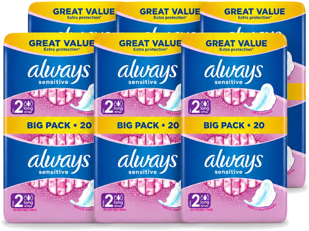 6 x Always - Maandverband - Long - Sensitive - 20 Maandverband - Voordeelverpakking - 6 stuks