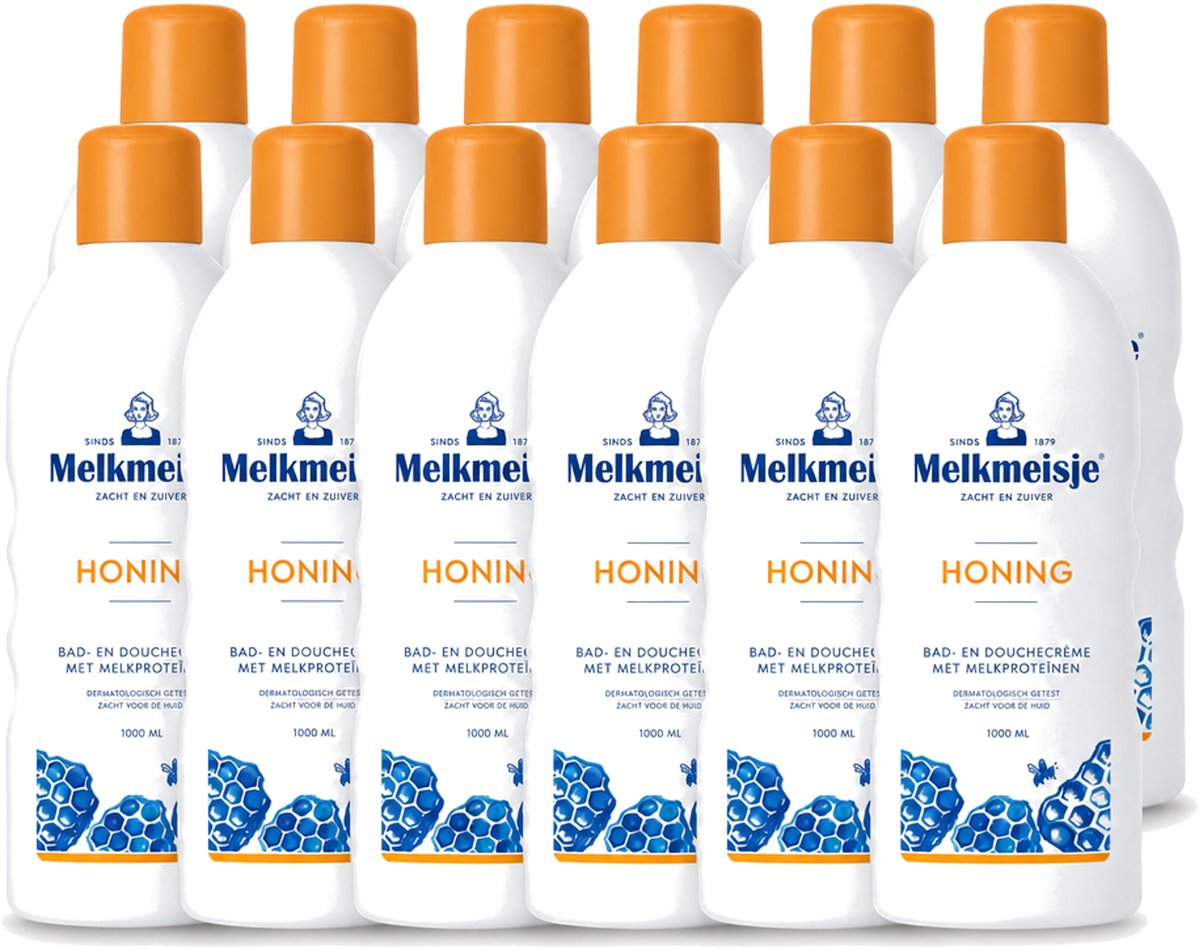12 x Melkmeisje – Bad & Douche – Honing – 1000 ml - Voordeelverpakking - 12 stuks