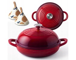 Hage - Broodbakpan - Gietijzeren Broodpan met Deksel - Geëmailleerd & Ovenbestendig - Voor Knapperig Brood, Braden & Bakken - Geschikt voor Inductie & Gas - Inclusief Pannenhouder en Handbeschermers - 2Liters - Ø26 x 16.5 cm - Rood