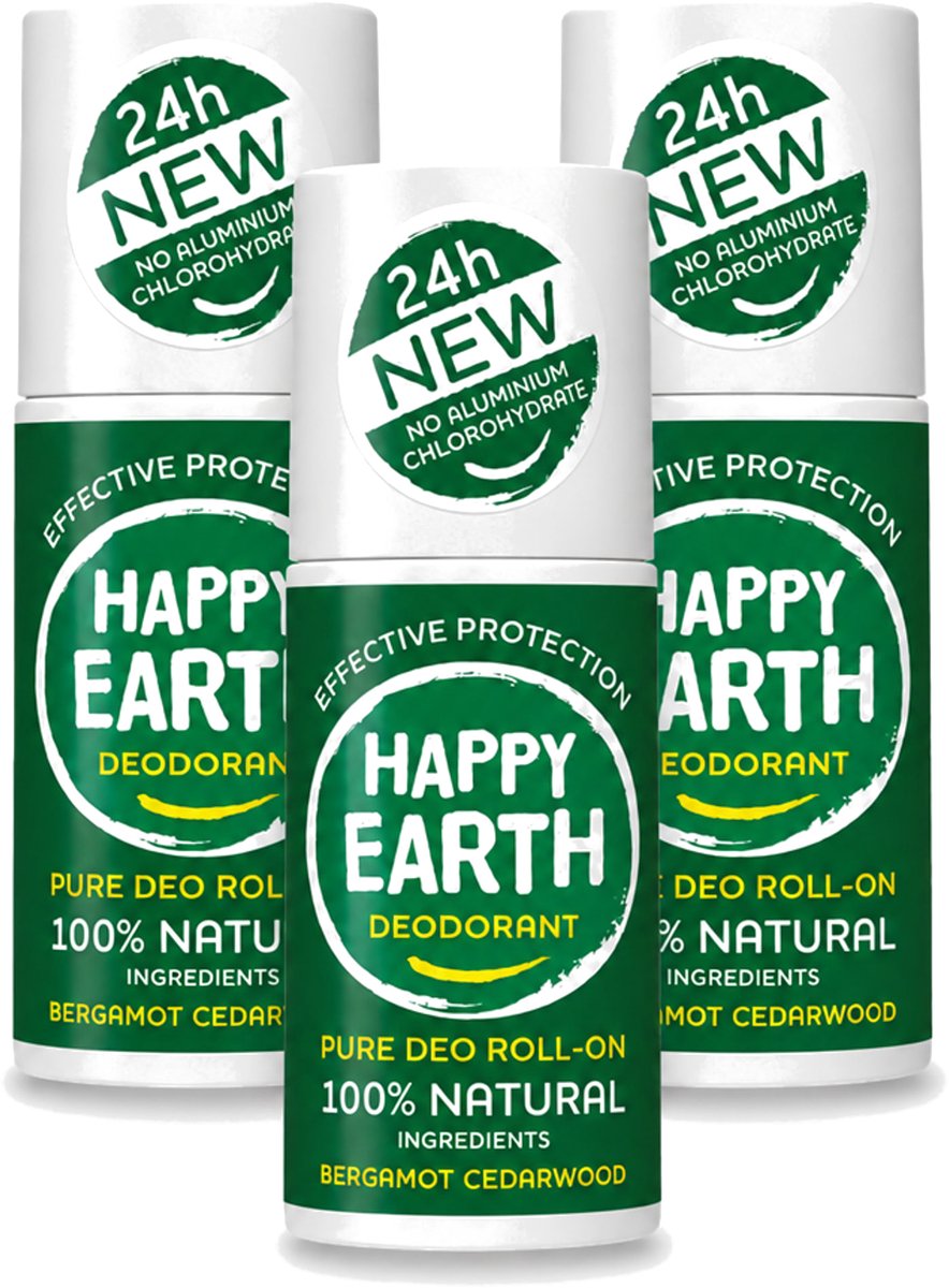 3 x Happy Earth – Deodorant Roll-On – 100% Natuurlijk Bergamot Cedarwood – 75 ml - Voordeelverpakking - 3 stuks