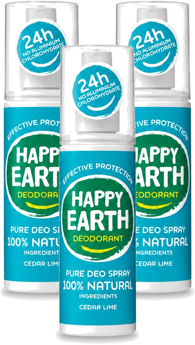 3 x Happy Earth – Deodorant Spray – 100% Natuurlijk Cedar Lime – 100 ml - Voordeelverpakking - 3 stuks