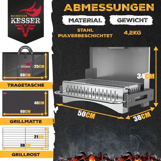 KESSER® Klapgrill - draagbare houtskoolgrill van gepoedercoat staal - met grillmat en draagtas - zilver van KESSER — afbeelding 4