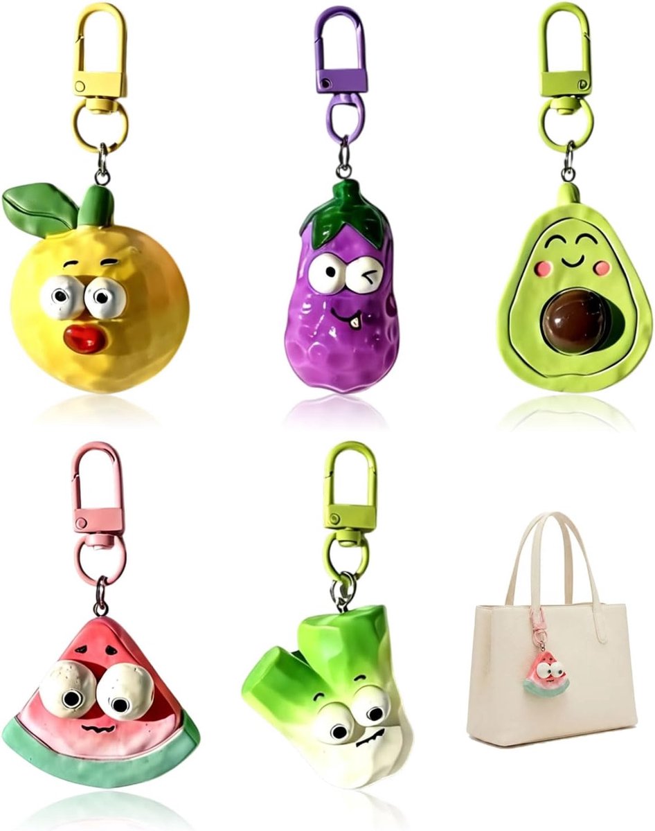 5 stuks sleutelhangers in de vorm van fruit en groenten, cartoon, met metalen karabijnhaak, decoratief accessoire voor - ShopVlot