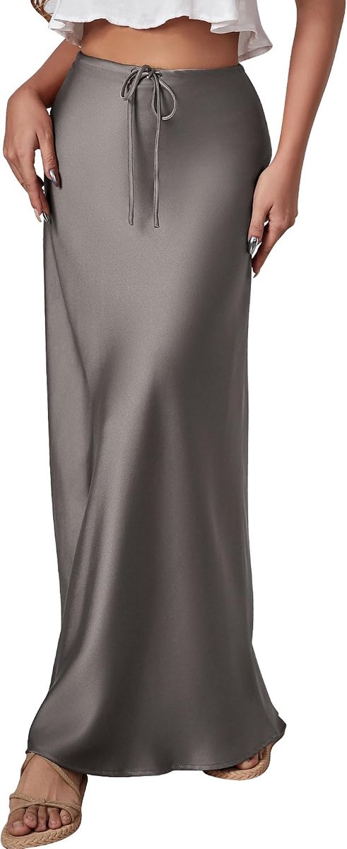 FEOYA Long Spot Skirt for Women High Waist Maxi Skirt Drawstring Flowing Elegant Silk Satin Skirt Party Cocktail Midi - ShopVlot