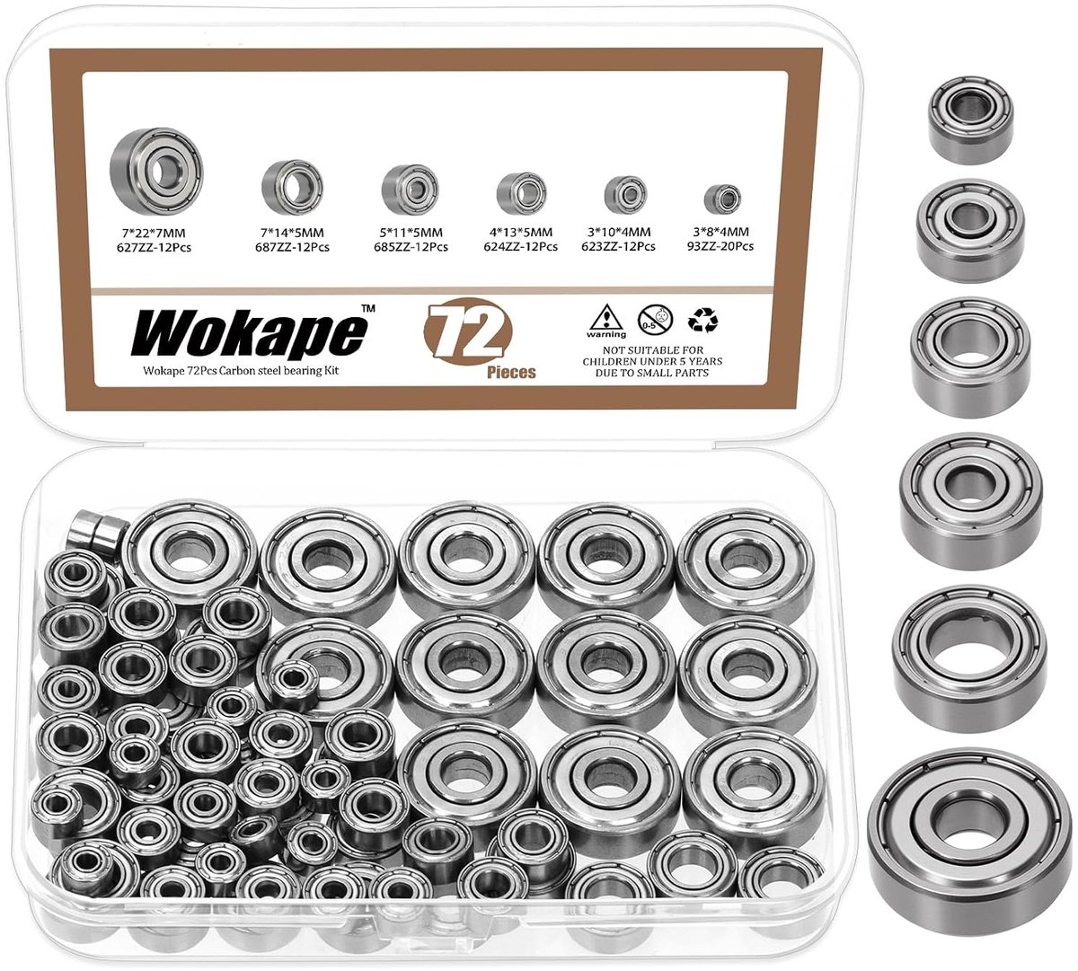 72 Piece Assortment with 6 Sizes Carbon Steel Bearings, 693ZZ, 623ZZ, 624ZZ, 685ZZ, 687ZZ, 627ZZ Groove Ball Bearings - ShopVlot