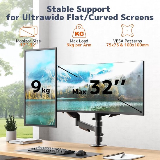 Monitorhouder voor 2 Schermen van 17-32 Inch met Hoogteverstelling, VESA 75/100mm, Kantelbare en Draaibare Bevestiging, Tot 9 kg per Arm — afbeelding 5