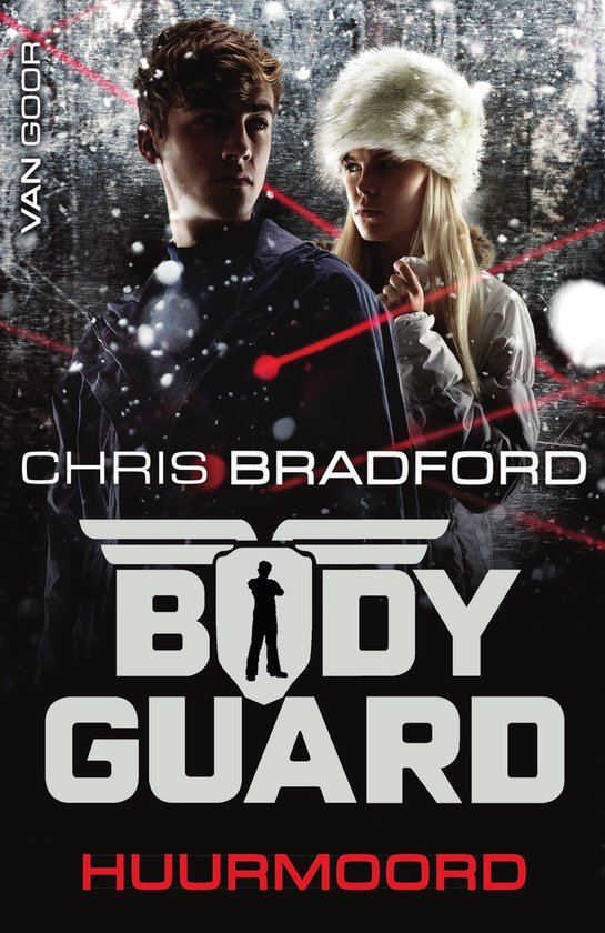 Boekcover met 'Bodyguard 5 - Huurmoord' van Chris Bradford. Een man en vrouw, beiden in winterkleding, kijken ernstig.