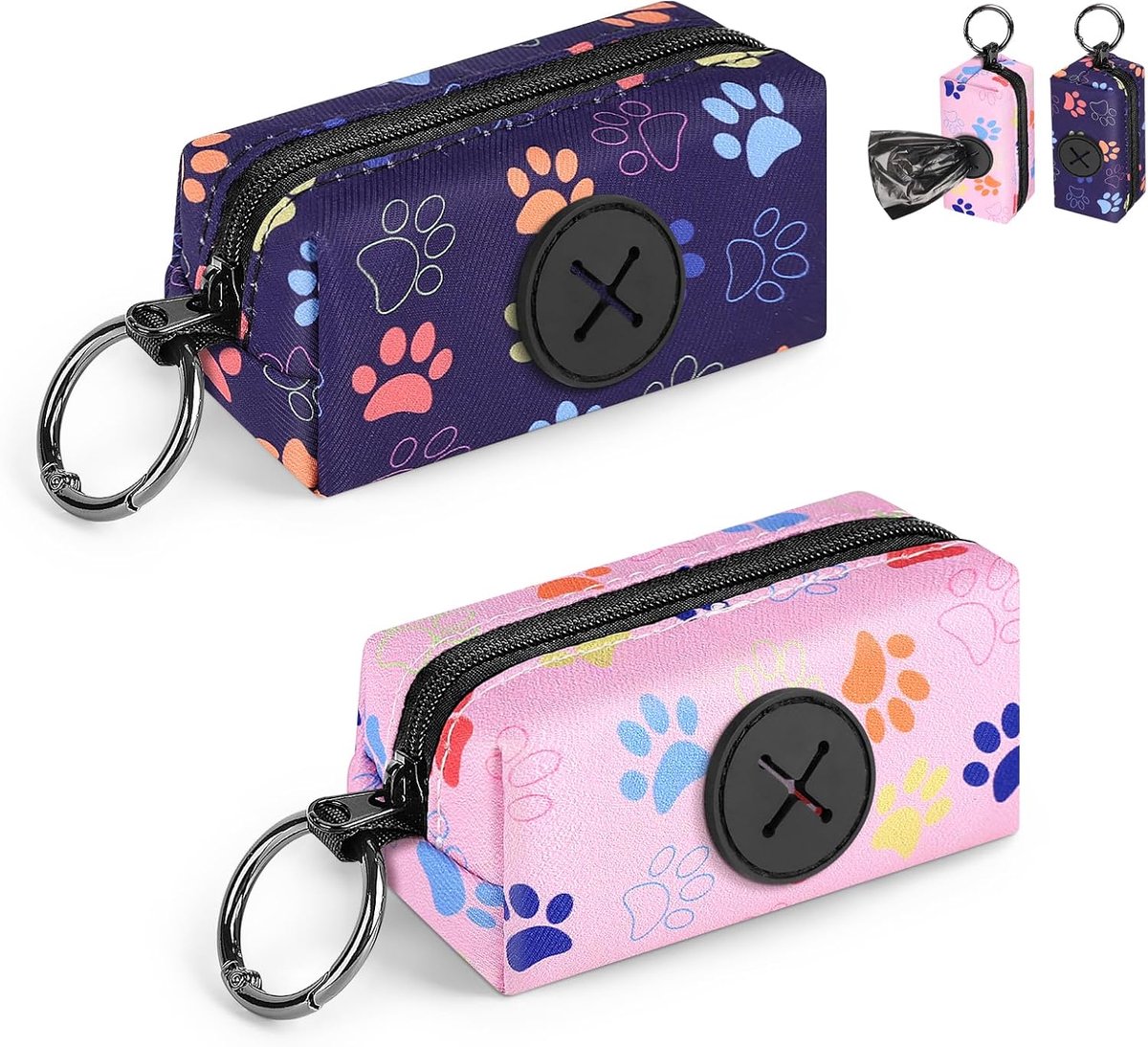 SnelShoppen - Pack van 2 Honden Poepzak Dispenser Canvas met Metaalring - Poepzak Houder voor Wandelen - Claw Roze & Blauw