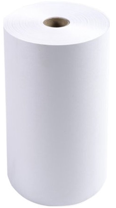 Witte thermische papierrol van 55g/m² op een kartonnen kern, geschikt voor fax- of kassasystemen.