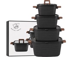 Royal Swiss® 8-delige Pannenset Inductie – Gietaluminium Kookpannen – Marmeren Anti-aanbaklaag – 20/24/28/32 cm – Glazen Deksels