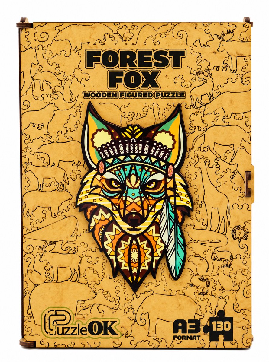 PuzzleOk Forest Fox – Houten Legpuzzel – A3 – 130 Stukjes – Houten Bewaardoos