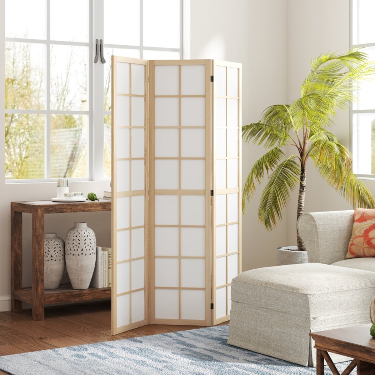 DESMIU Kamerscherm – Opvouwbaar 3-Delig – 120 x 170 cm – Hout en Stof – Naturel – Vrijstaand Voor Woonkamer en Kantoor Natuurlijk hout