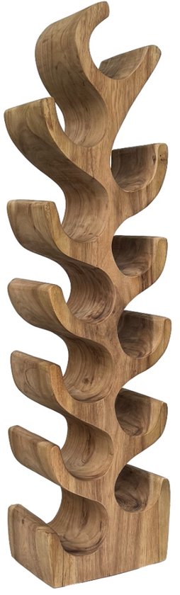 Houten wijnrek in de vorm van een boomstam met kronkelende takken, ruimte voor 6 flessen.