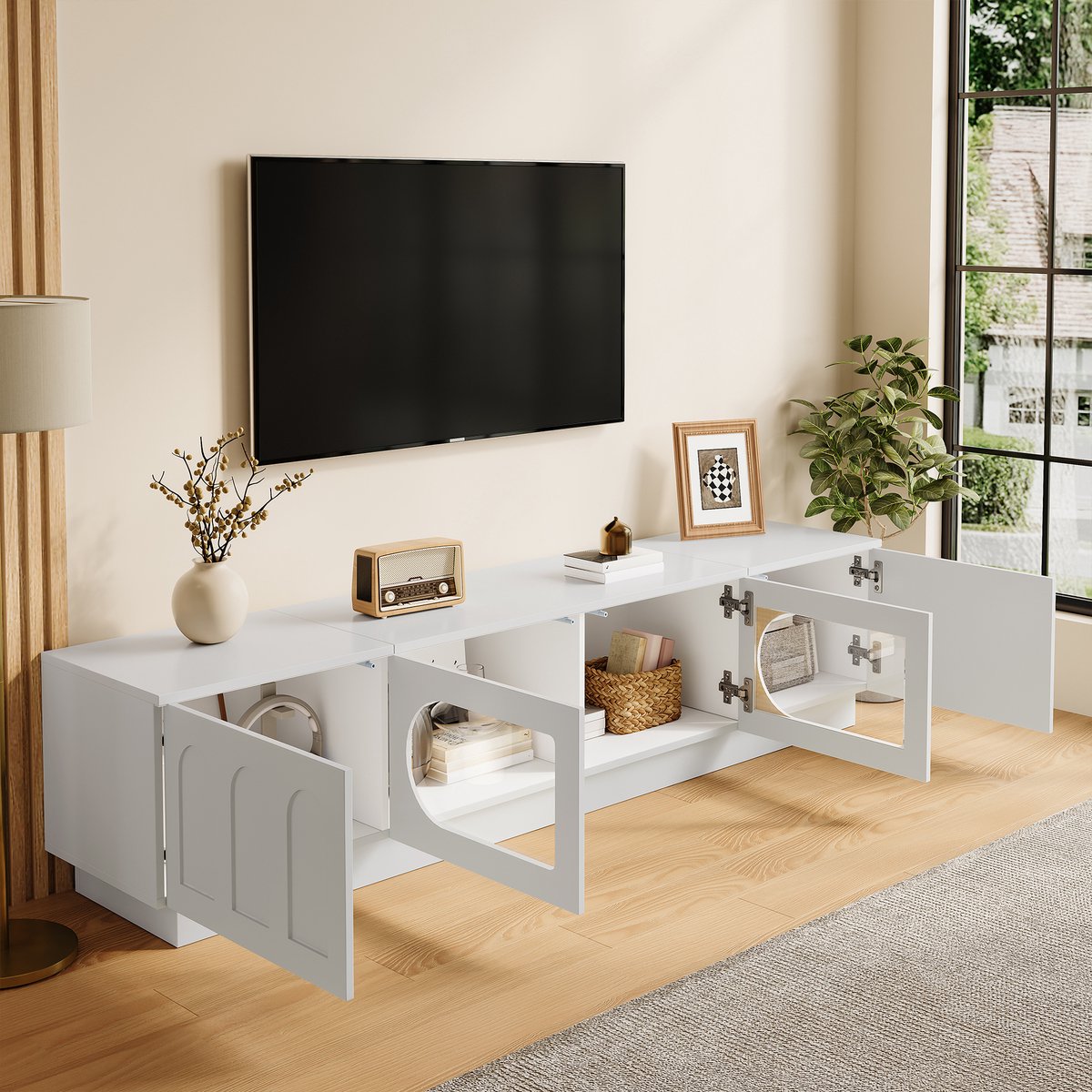 MIVRAY Tv-Meubel - Ledverlichting Met App-Bediening En Glazen Deuren - Woonkamerkast Met Kabeldoorvoer - MDF En Spaanplaat - 200x40x42 Cm - Wit