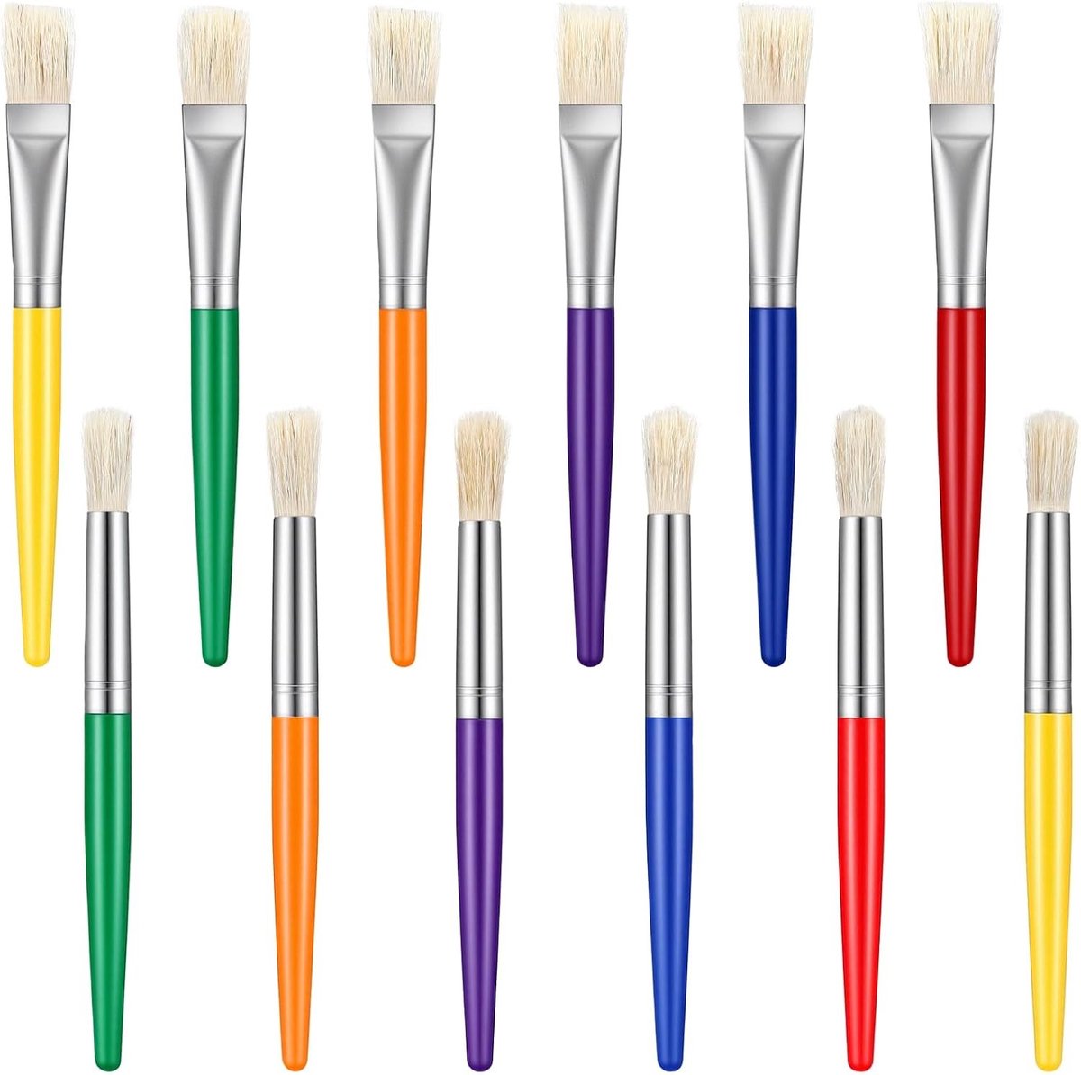 Set van 12 Kinderverfkwasten - 6 Ronde en 6 Platte Kwasten voor Acrylverf en Creatieve Activiteiten voor Peuters