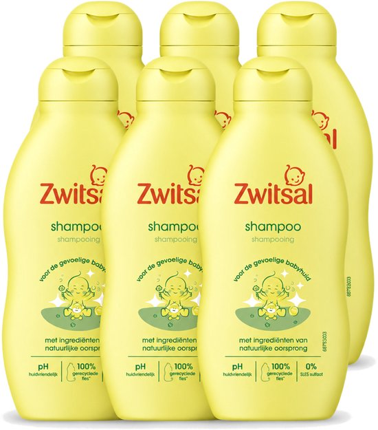 Zes flessen Zwitsal babyshampoo in lichtgeel met rode tekst en een afbeelding van een baby. De tekst 'Shampoo' en 'voor de gevoelige baby' is zichtbaar.