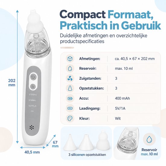 Elektrische Neusaspirator voor Baby’s - 3 Zuigstanden - 3 Siliconen Tips - Oplaadbaar - Muziek - Anti-Terugstroom - Wit — afbeelding 2