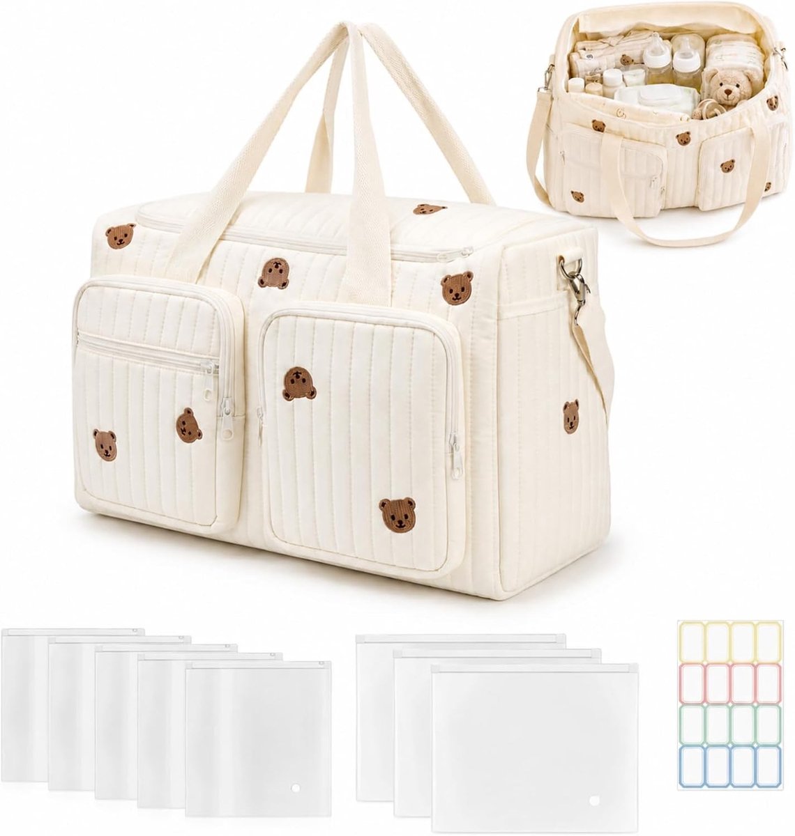 Grote luiertas organizer 48x26x22 cm, ideaal voor pasgeborenen, met geborduurd berenmotief en multifunctionele vakken