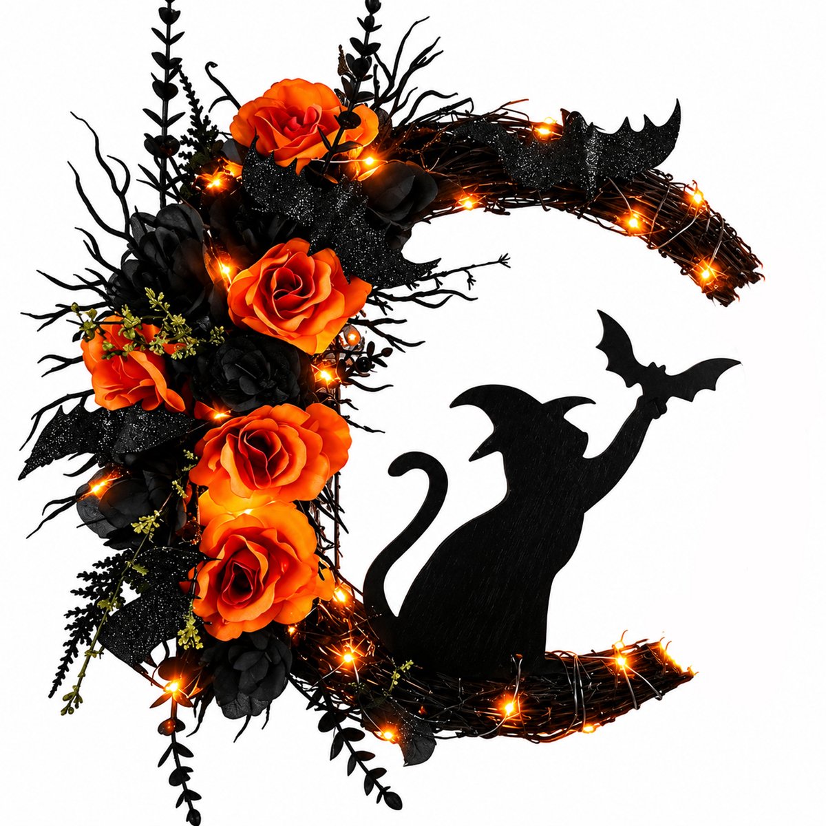 Halloween Krans - Bloemen en Katten - Feestelijke Deurkrans - Halloween Deurdecoratie - Herfstversiering - Onderhoudsvrij Kunststof - Buitendeurdecoratie - Sfeerverlichting - Oranje